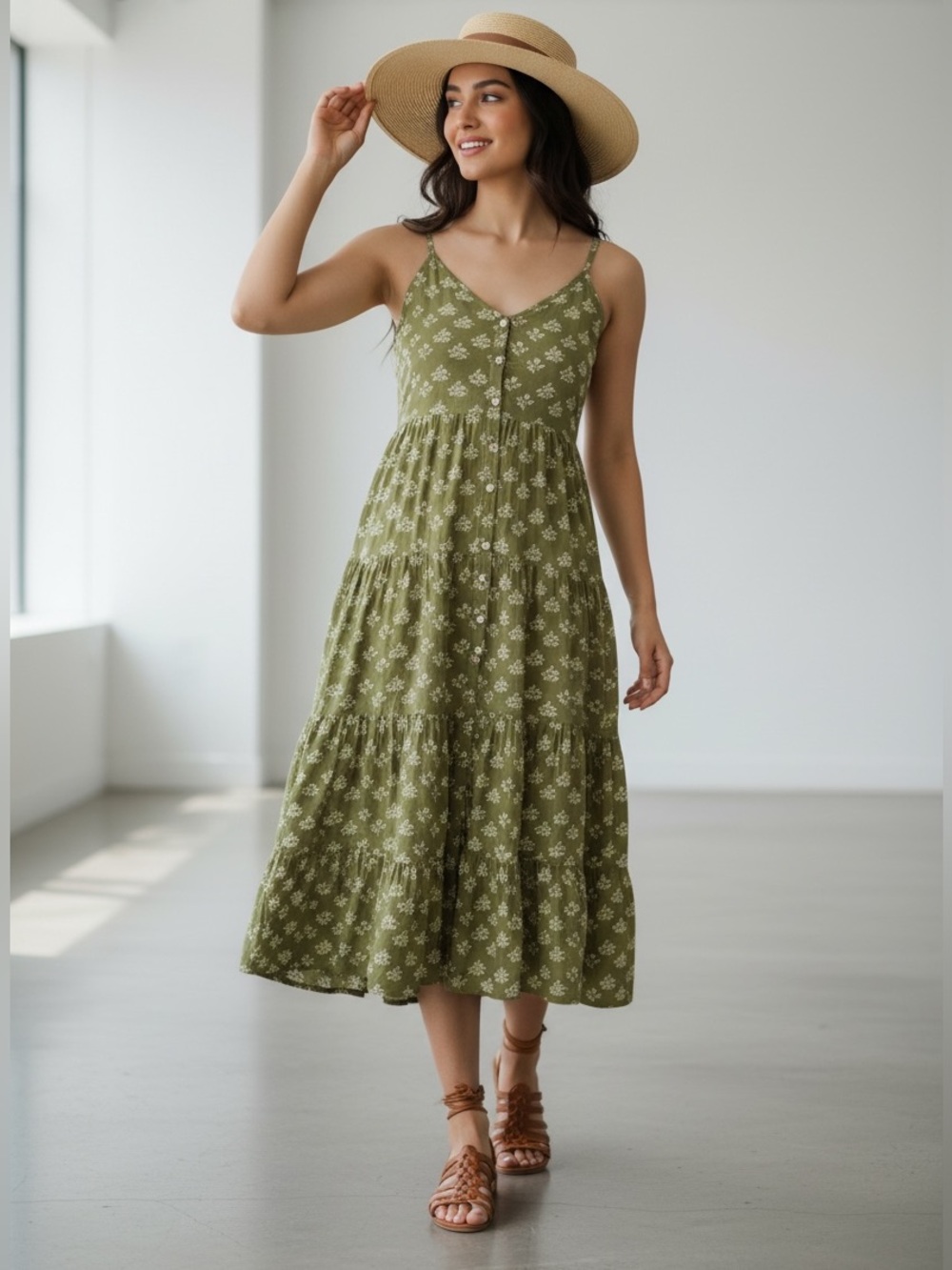 Patrons of Peace Olive Green Floral V-Neck Midi Dress, Sz XS